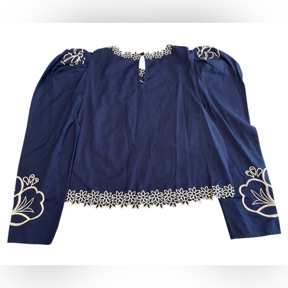 Express Blue Top Puff Sleeve Blouse Bohemian Embroidered Floral Size Small - Picture 5 of 13